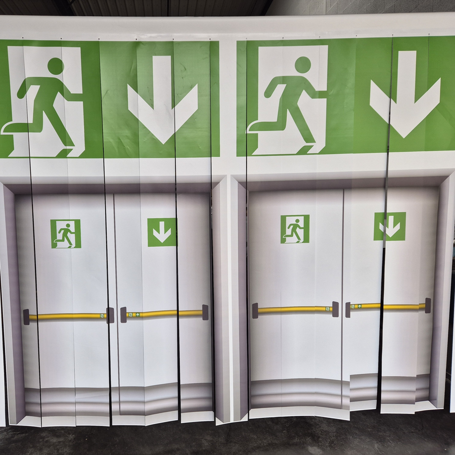 Rideau à lanières PVC souple imprimé sortie de secours